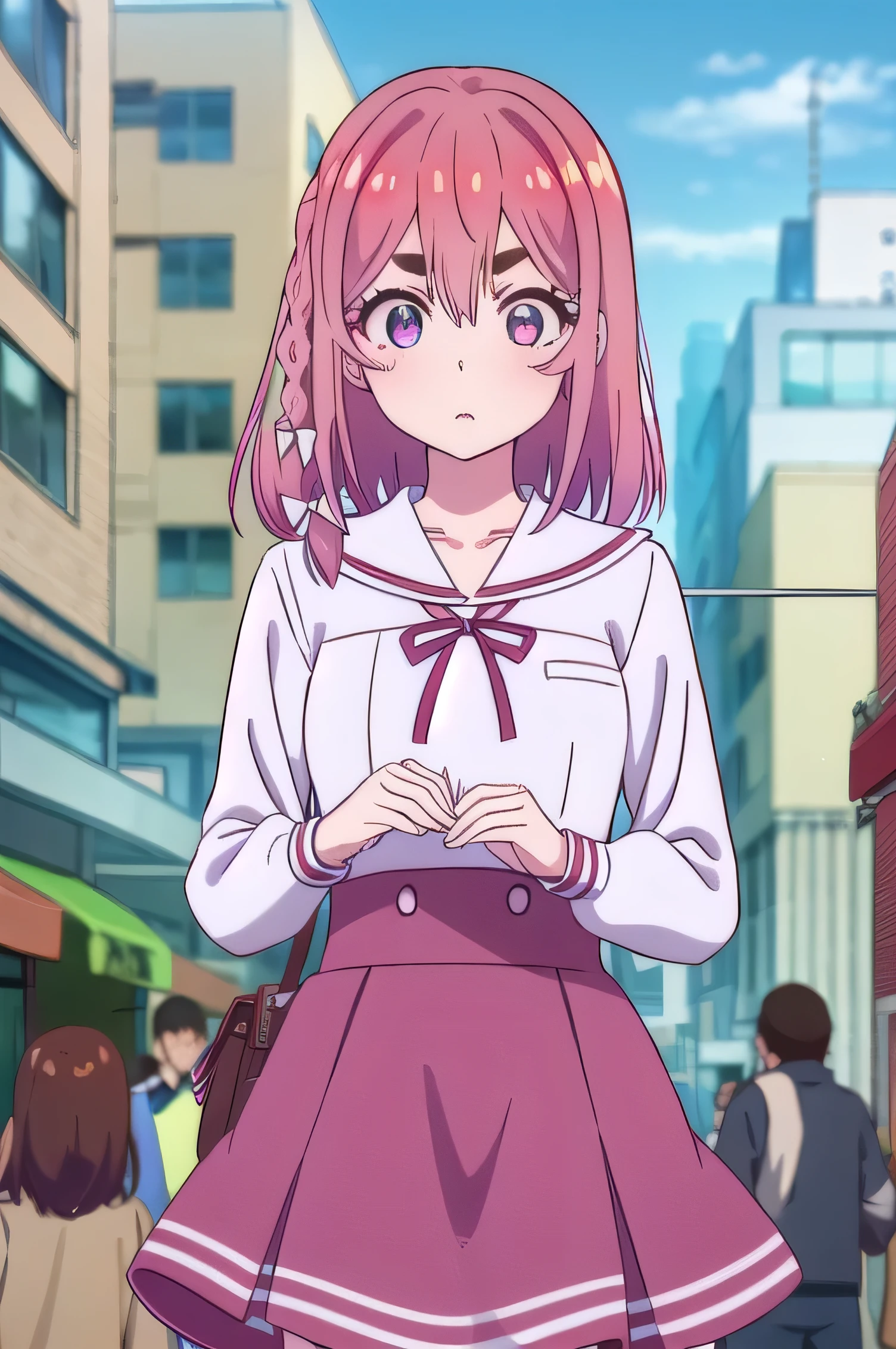 SumiSakurasawa, Sakurazawa Sumi , bangs, (Pink Eye:1.3),  hair between eyes ,  pink hair,  braided , hair bow,  thick eyebrows,
break skirt,  shirt,  Long Sleeve , bow, ribbon,   School Uniforms , white  shirt, Seraph, Sailor collar, red ribbon, neck ribbon,  red skirt , white Sailor collar,
break outdoors, cityscape, building, crowd, people々,
break looking at viewer, ( Cowboy Shots:1.5),
break (  Masterpiece :1.2),  top quality,  high definition ,  unity 8k , (Illustration:0.8), ( beautiful detailed eyes:1.6),   very detailed face ,   perfect lighting  ,  Highly Detailed CG, (  perfect hands ,  perfect anatomy ),