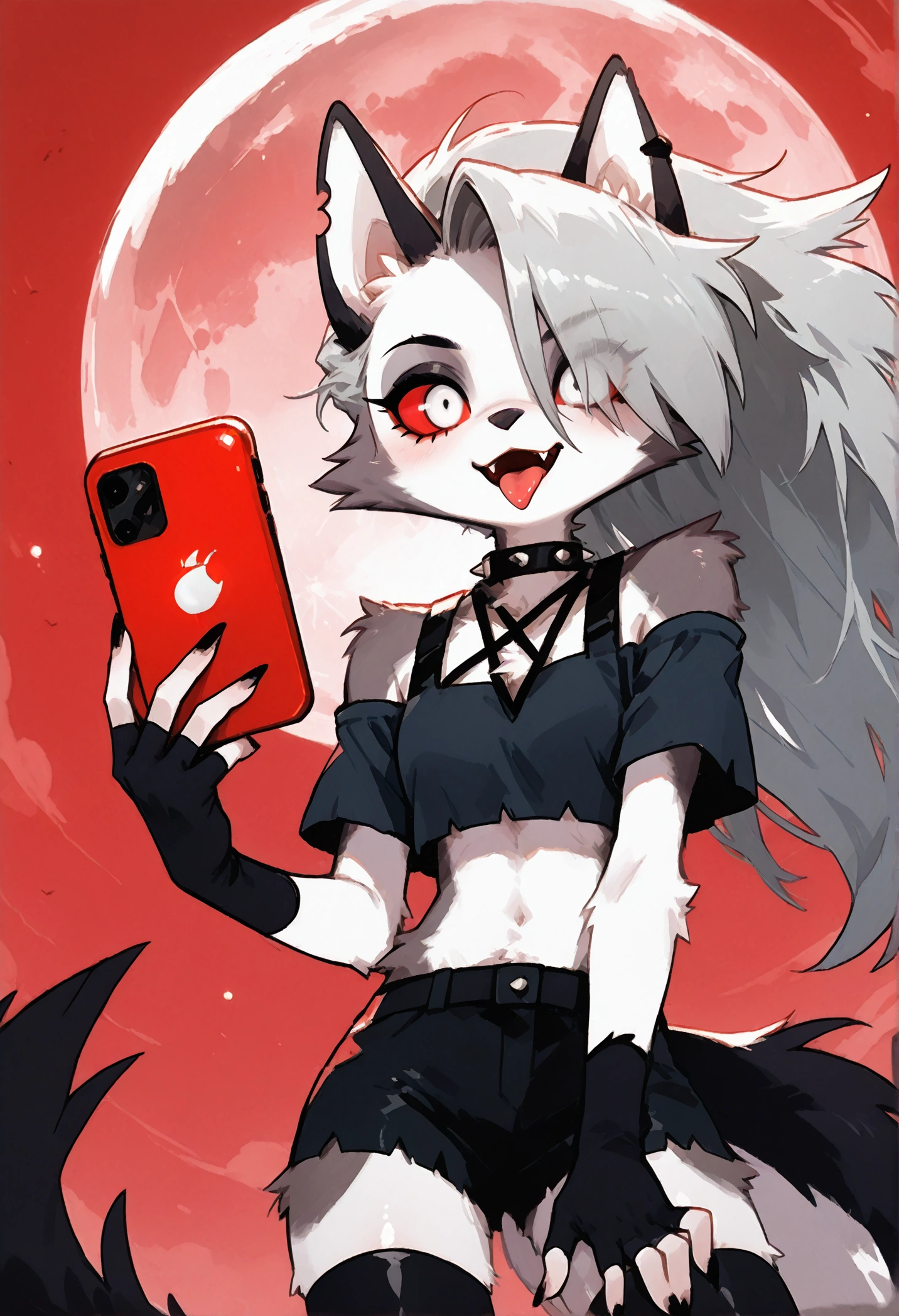 solo,1girl\((red sclera:1.3),(white eyes:1.3), Loona, Loona\(Helluva Boss\),hellhound, muzzle, Anthro, furry, thigh highs, fingerless gloves, Shorts, Crop top, (hair over one eye:1.3), (fang:1.4), sharp teeth,(tongue:1.3),(close-up of eye:1.4),(abs:0.8),long nails,detailed face,(detailed fur:1.3),shiny fur,shiny skin,(hold red iPhone),dynamic pose,\).dynamic angle. score_9, score_8_up, score_7_up, score_6_up, score_5_up, score_4_up, source_anime,source_furry,rating_safe,rating_questionable,masterpiece, best quality, perfect anatomy , very aesthetic , absurdres .limited palette.red filter.gothic horror mood.full moon.(dynamic angle:1.3)