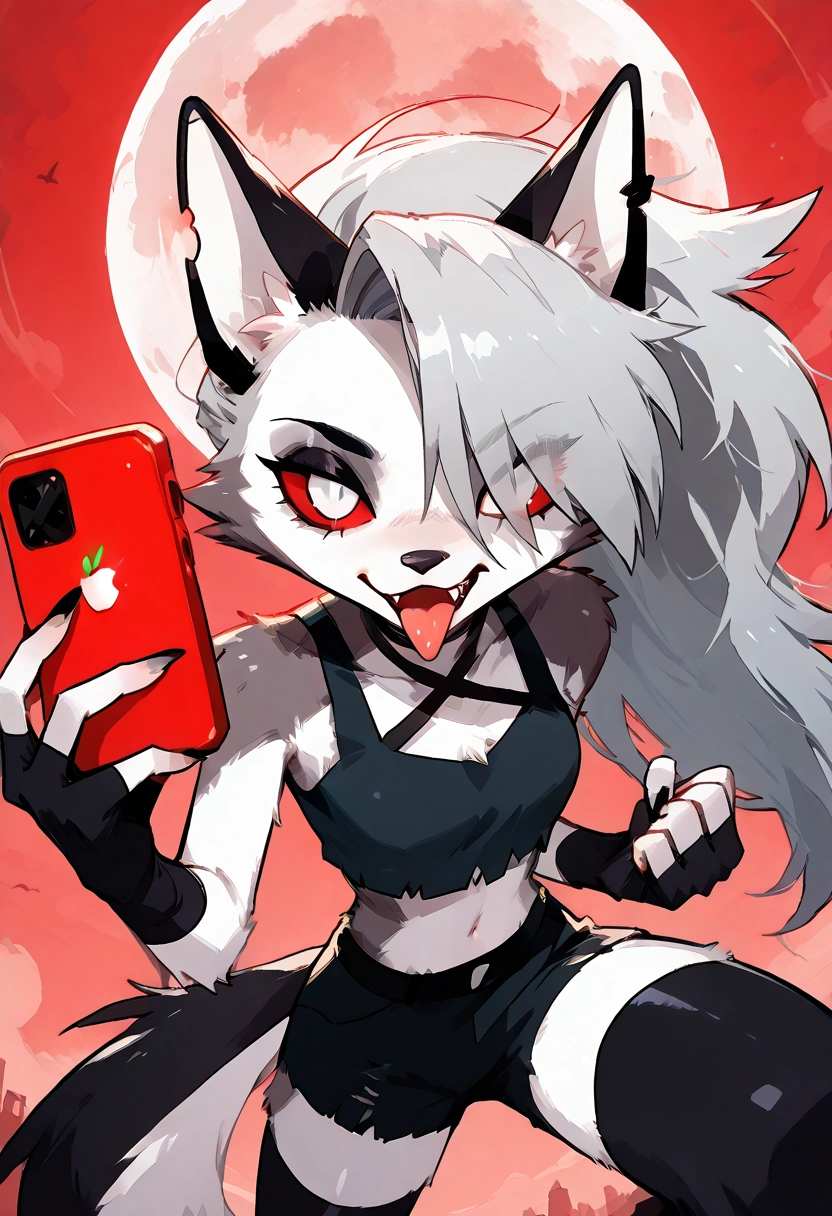 solo,1girl\((red sclera:1.3),(white eyes:1.3), Loona, Loona\(Helluva Boss\),hellhound, muzzle, Anthro, furry, thigh highs, fingerless gloves, Shorts, Crop top, (hair over one eye:1.3), (fang:1.4), sharp teeth,(tongue:1.3),(close-up of eye:1.4),(abs:0.8),long nails,detailed face,(detailed fur:1.3),shiny fur,shiny skin,(hold red iPhone),dynamic pose,\).dynamic angle. score_9, score_8_up, score_7_up, score_6_up, score_5_up, score_4_up, source_anime,source_furry,rating_safe,rating_questionable,masterpiece, best quality, perfect anatomy , very aesthetic , absurdres .limited palette.red filter.gothic horror mood.full moon.(dynamic angle:1.3)