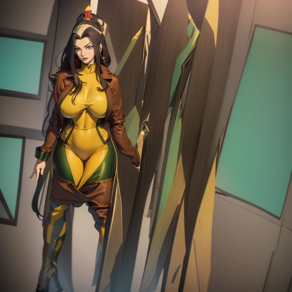 Azula cosplaying as Rogue from X-Men wearing Rogue's iconic outfit including the green and yellow jumpsuit brown leather jacket and knee-high boots Her figure is curvy with large breasts a slim waist and thick thighs Her hair includes Rogue's signature white streaks There are no elements or colors related to the Fire Nation The setting is minimalist to emphasize the outfit"