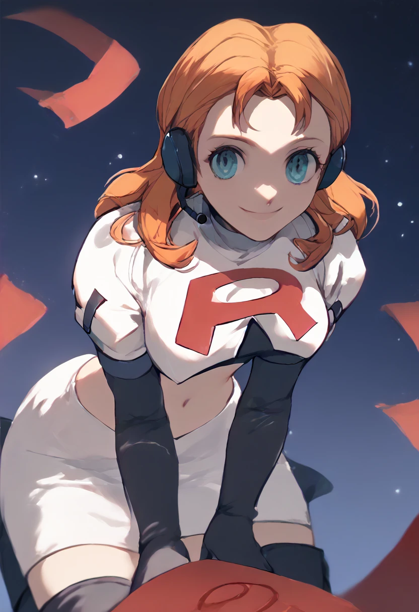 Team rocket, team rocket uniform, red letter R, white skirt,white crop top,black thigh-high boots, black elbow gloves, evil smile, night sky background, headset, large breasts, high-heeled boots, Annette Fantine Dominic, orange hair,