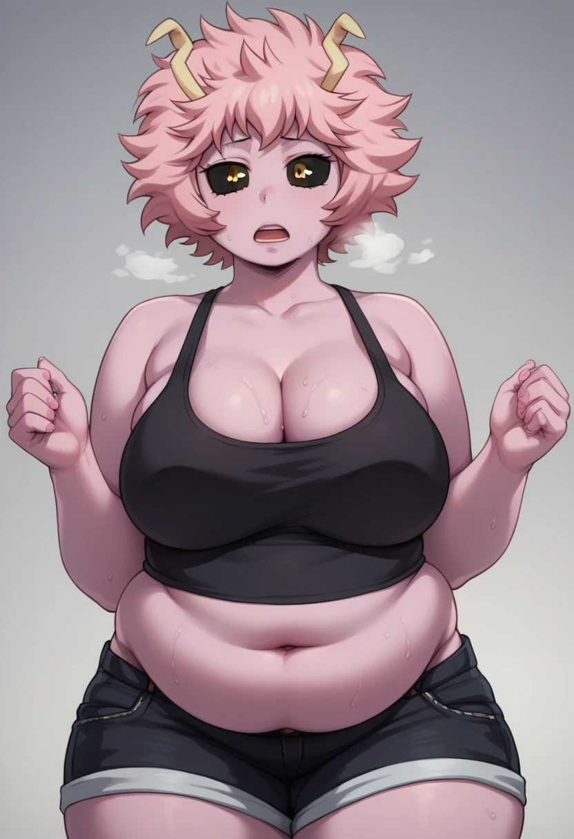 mina ashido, 1girl, solo, long hair, black crop top, black shorts, upper body, pink hair, horns, open eyes, yellow eyes, pink skin, looking down at camera, bbw, plump, large belly, large breasts, large thighs, love handles, wide hips, weight gain, out of breath, open mouth, sweaty, tired expression