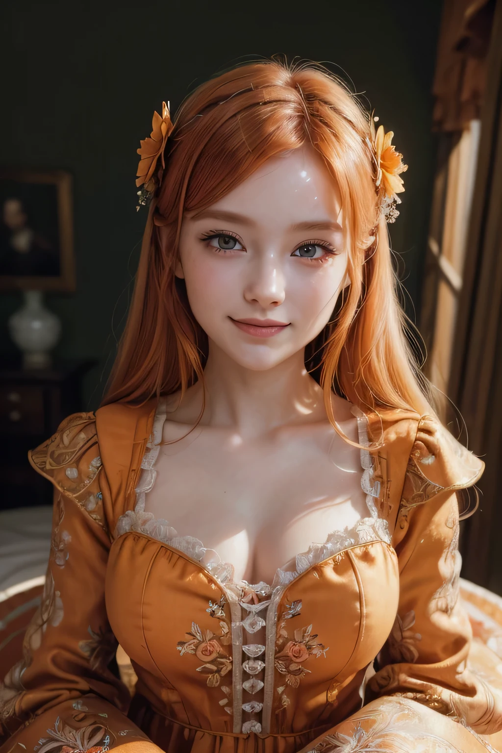 beautiful 20 year old, red hair, green eyes, photo-realistic skin texture, seductive smile, enormous tits, sexy see-thru lingerie, background is a Victorian era bedroom overlooking a flower garden.