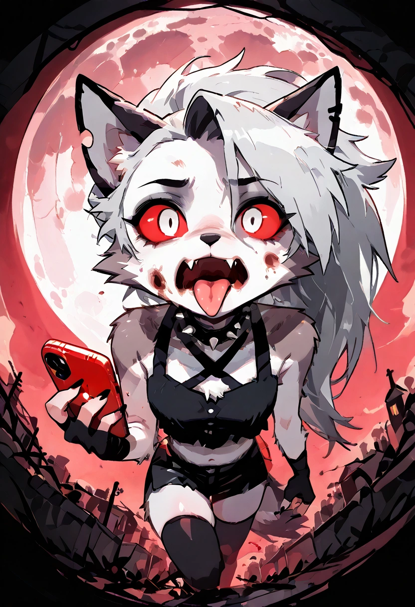 solo,1girl\((red sclera:1.3),(white eyes:1.3), Loona, Loona\(Helluva Boss\),hellhound, muzzle, Anthro, furry, thigh highs, fingerless gloves, Shorts, Crop top, evil,(horrified:1.3), (fang:1.4), sharp teeth,(tongue:1.3),(close-up of face:1.5),(abs:0.8),long nails,detailed face,(detailed fur:1.3),shiny fur,shiny skin,(hold red iPhone:1.3),dynamic pose, villan\).dynamic angle. score_9, score_8_up, score_7_up, score_6_up, score_5_up, score_4_up, source_anime,source_furry,rating_safe,rating_questionable,masterpiece, best quality, perfect anatomy , very aesthetic , absurdres .limited palette.red filter.gothic horror mood.full moon.(dynamic angle:1.3).(fisheye:1.4) lens.realistic