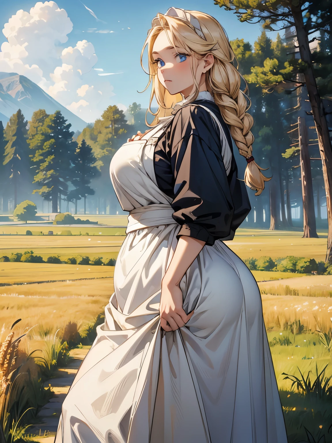 towering yet soft and chubby looking peasant woman, landscape of pastoral wheat farm. Pudgy belly, simple house on background, dark fantasy setting, boreal pine forest on far background, white blond-wheat hair in single braid down to waist, saggy and large tits, frivolous and poor peasant dress, apron, wide bearing hips, massive butt, full-height frame, fence to compare towering height, bright blue eyes, overall supple body
