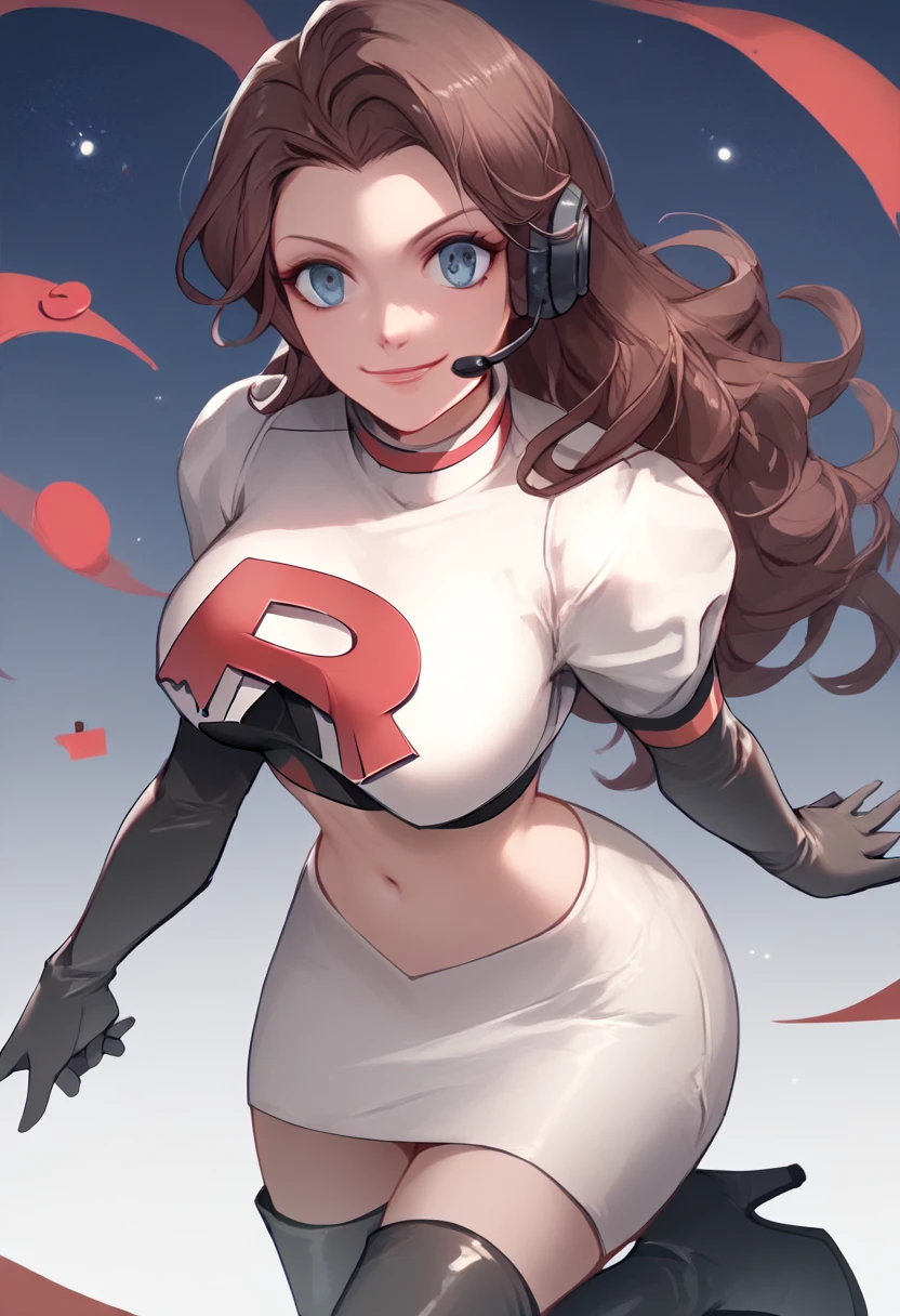 Team rocket, team rocket uniform, red letter R, white skirt,white crop top,black thigh-high boots, black elbow gloves, evil smile, night sky background, headset, large breasts, high-heeled boots, Dorothea Arnault, brown hair,