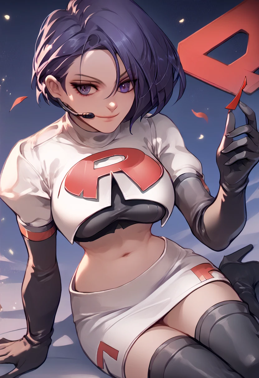 Team rocket, team rocket uniform, red letter R, white skirt,white crop top,black thigh-high boots, black elbow gloves, evil smile, night sky background, headset, large breasts, high-heeled boots, Shamir Nevrand, purple hair,