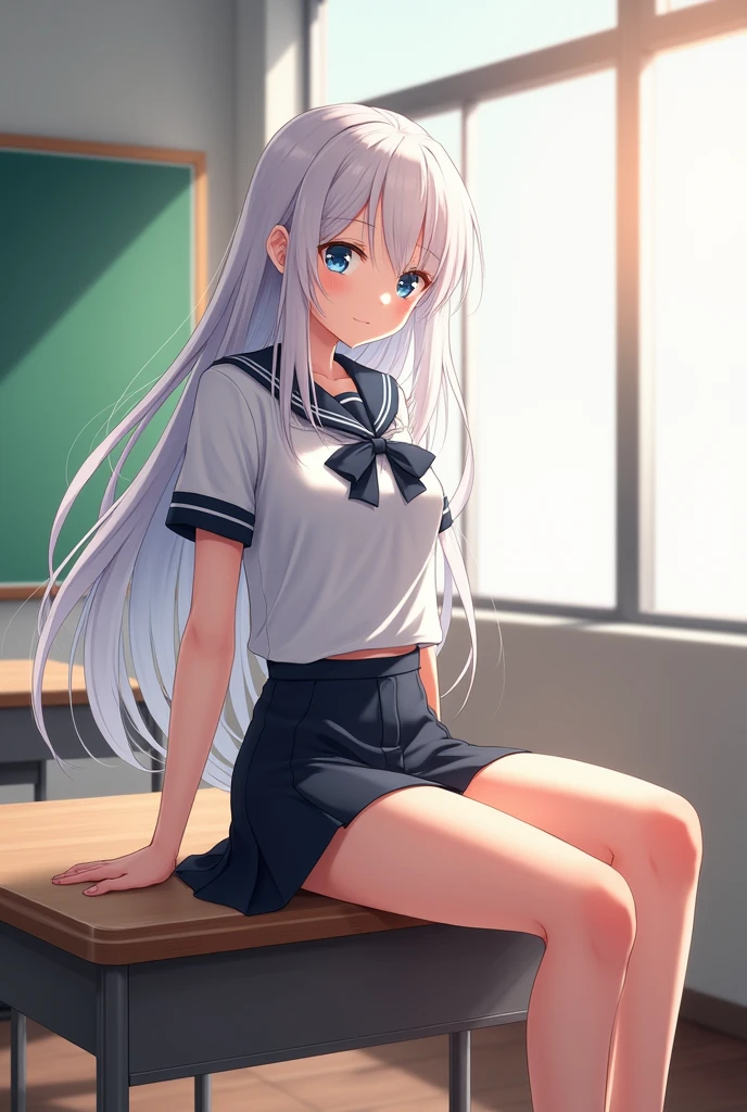 tmasterpiece,best qualtiy:1.2),Female Student,独奏,1girll,Koshita Kono,(shiny skins,wetted skin:1.2),perspired,A slight smil,looking at viewert,on the floor on all fours,校服,white shirt,Plaid skirts,upper legs,in the afternoon,Female students in the classroom,Girl with white hair,perfect white hair girl,Detailed long white hair,long hair anime girl,Beautiful anime girls,Anime Barbie with white stockings,Sweat all over the body,perspire,Incontinence