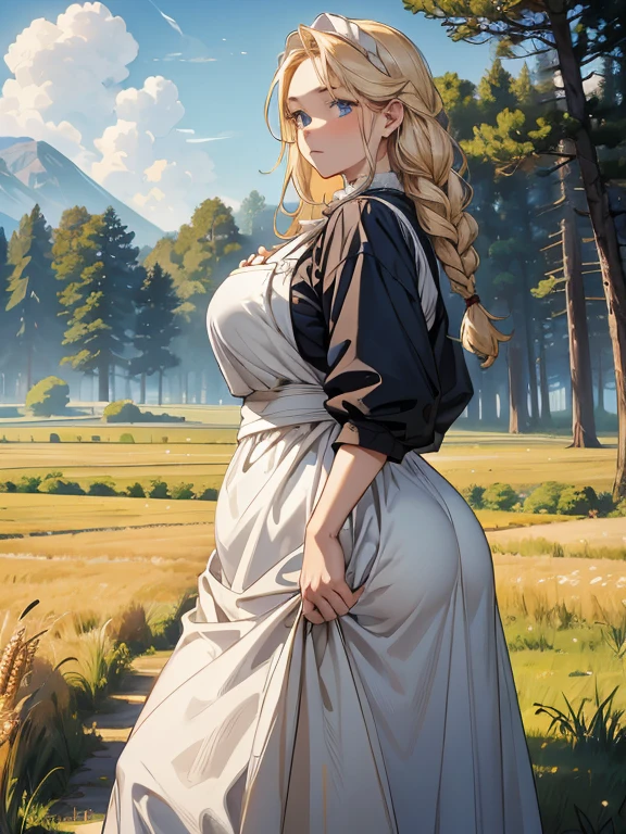 towering yet soft and chubby looking peasant woman, landscape of pastoral wheat farm. Pudgy belly, simple house on background, dark fantasy setting, boreal pine forest on far background, white blond-wheat hair in single braid down to waist, saggy and large tits, frivolous and poor peasant dress, apron, wide bearing hips, massive butt, full-height frame, fence to compare towering height, bright blue eyes, overall supple body, pillar-like mountain in background
