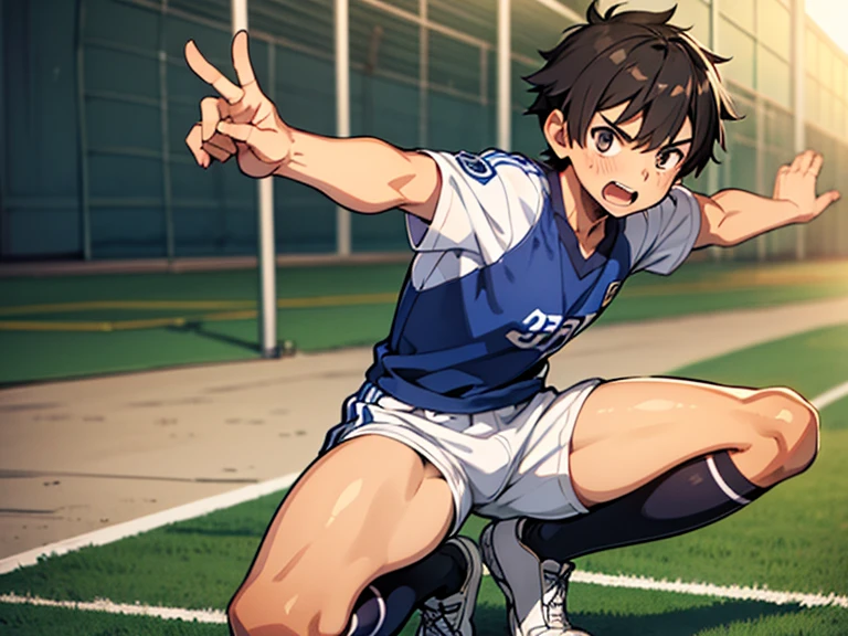 Shota、Male elementary school student、  Soccer Jersey 、 very short shorts、I'm wearing boxer briefs、The background is a soccer field  、Squat、  expression of anger、Armpits are visible