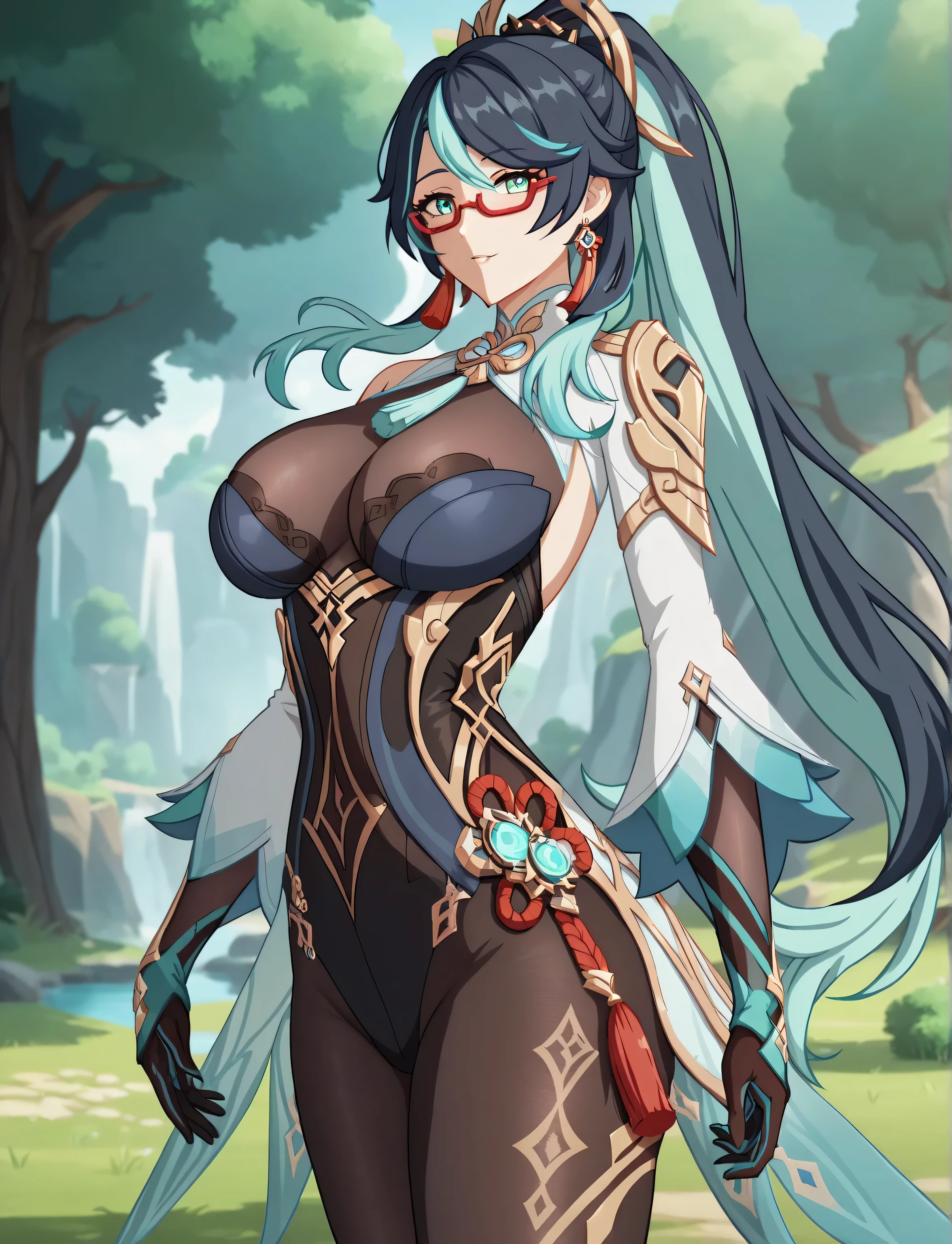 masterpiece, best quality, (anime screencap), 1woman, 1girl, xianyun genshin impact, multicolored hair, black hair, cyan hair, ponytail, swept bangs, aqua eyes, ((large breasts, sexy body, mature female)), hair ornament, red-framed eyewear, semi-rimless eyewear, black bodysuit, tassel, gloves, long sleeves, earrings, jewelry, leggings, natural shading, lighting, showcase, forest, simple backround,