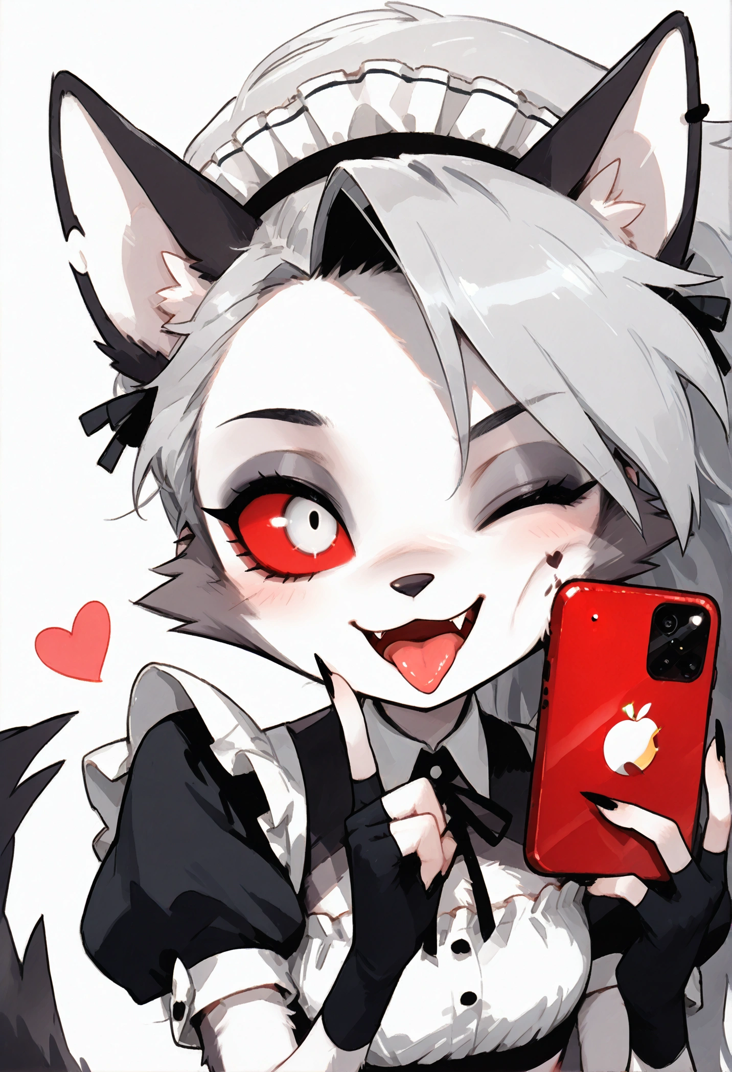 solo,1girl\((red sclera:1.3),(white eyes:1.3), Loona, Loona\(Helluva Boss\),hellhound, muzzle, Anthro, furry, thigh highs, fingerless gloves, (Maid costume), Crop top,(one eye closed:1.3), cute smile, (fang:1.4), sharp teeth,(tongue:1.3),(close-up of face:1.5),(abs:0.8),long nails,detailed face,(detailed fur:1.3),shiny fur,shiny skin,(hold red iPhone:1.3),cute pose, villan\).dynamic angle. score_9, score_8_up, score_7_up, score_6_up, score_5_up, score_4_up, source_anime,source_furry,rating_safe,rating_questionable,masterpiece, best quality, perfect anatomy , very aesthetic , absurdres .white simple background.(heart marks:1.3)