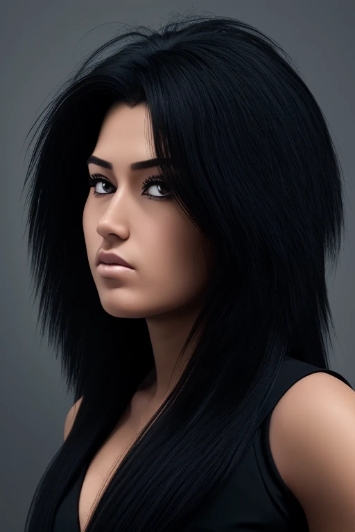 most very jet black hair,most very long hair,long wolf cut hairstyle,most very lion hair,most very wolf hair,most very frizzy hair,coarse hair,most very spread hairstyle,thick hair,fluffy hair,most very heavy weight hair,high ponytail hairstyle,heavy looking hairstyle,most very voluminous hair,shiny jet black hair,woman's hair is covering all right eye,female jail officer,black uniform,a heavy-looking uniform,black pants,tall woman,1 Japanese woman,woman's height 2.3m,most very strong face,most very angry face,black eyes,very close-up to face,most very muscle body,most very beautiful face,show more hair,high resolution,green background