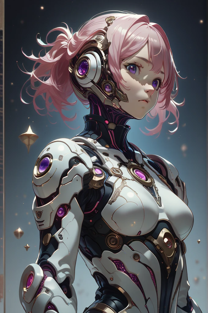 An anime-style girl wearing robotic clothing, pink hair, violet eye/High resolution,  Masterpiece, muy detallado, 