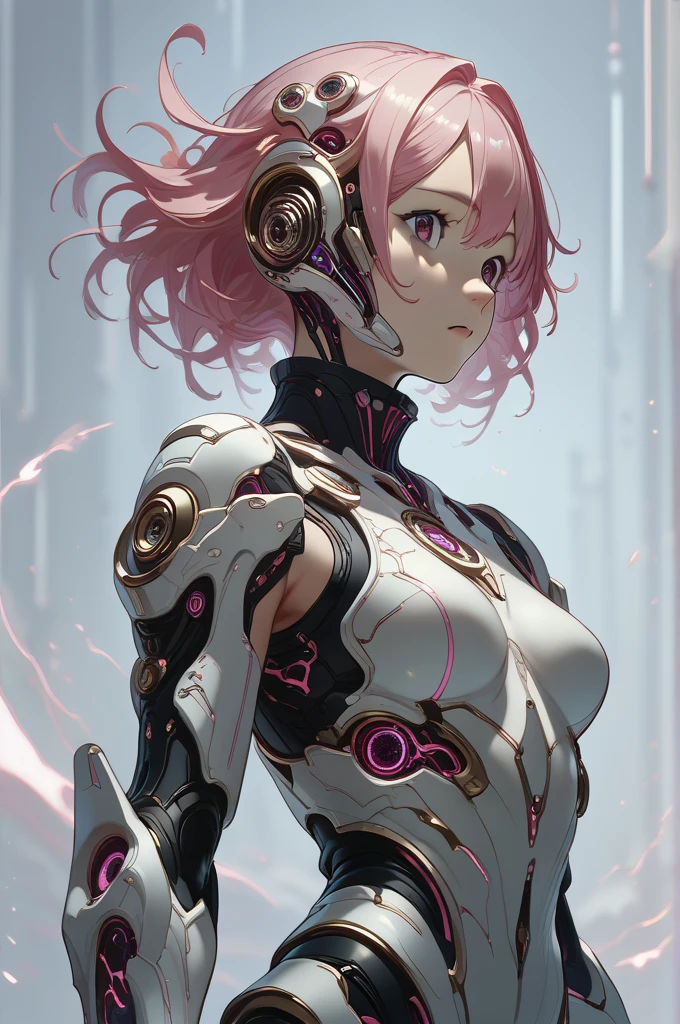 An anime-style girl wearing robotic clothing, pink hair, violet eye/High resolution,  Masterpiece, muy detallado, 