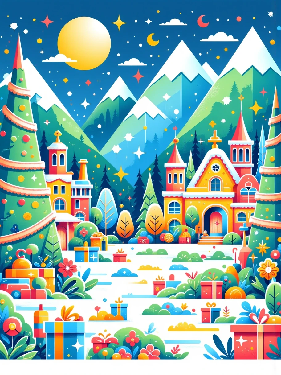 (Sparkling: 1.2), (Dream fairy tale Christmas village: 1.4), (Van Gogh style Christmas architecture: 1.5), (The moon is empty), ((Delicious candy, Christmas tree, gifts, Christmas stockings , cute gingerbread man, chocolate house splash)), illustration style, and decorations, dreamy Christmas town, cute design style, night, snow, full moon, vibrant colors, ((whimsical and charming fantasy) ), surreal portraits, (fantasy-themed fairy tale village), (whimsical architectural decorations), (colourful, candy-filled landscapes), (enchanting, magical landscapes), (vibrant, candy-colored buildings) , (candy and gingerbread trail), (candy castle) in the distance, (rich, dreamlike colors), (twinking stars), (fourth-dimensional dreamland), (psychedelic and charming atmosphere), (playful composition), (vivid lighting effects), 1.4x realism, ultra-high definition, displayed in this beautiful scene