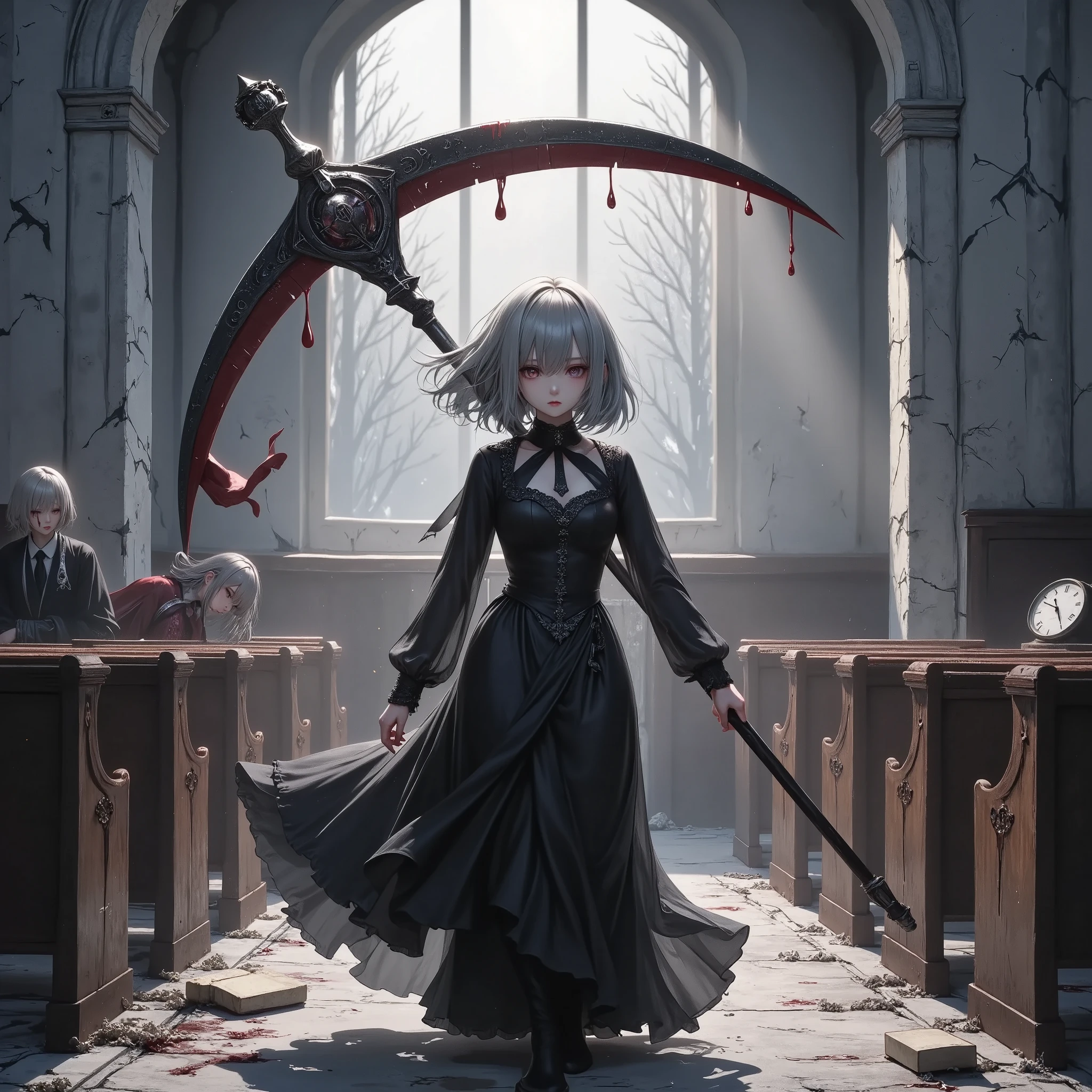 masterpiece, best quality, 8k, highres, ultra-detailed, HDR, UHD, ultra-fine painting, Gothic illustration style,, Chiaroscuro, dark gothic, Gothic Art style, Chiaroscuro,BREAK, 1girl\(gothic style\), side bang,from front,gothic dress,blood on leg, large death scythe double-handed grip, (scythe swinging), Dynamic Motion Blur, BREAK,death scythe\(perfect shape,blood on weapon, Skull decoration handle dy chain,intense energy\), BREAK,abandoned church\(cracked walls, peeling paint, broken windows, torn curtains, rusted wheelchair, fallen IV stand, shattered medicine bottles, scattered medical files, dim flickering fluorescent lights, eerie silence, drifting mist, dusty floor, long shadows, moonlight through broken glass ,dark wine stain, bloodstains and handprints on walls,frost-covered surfaces, old hospital signs, stopped clock\),cold and ominous atmosphere.