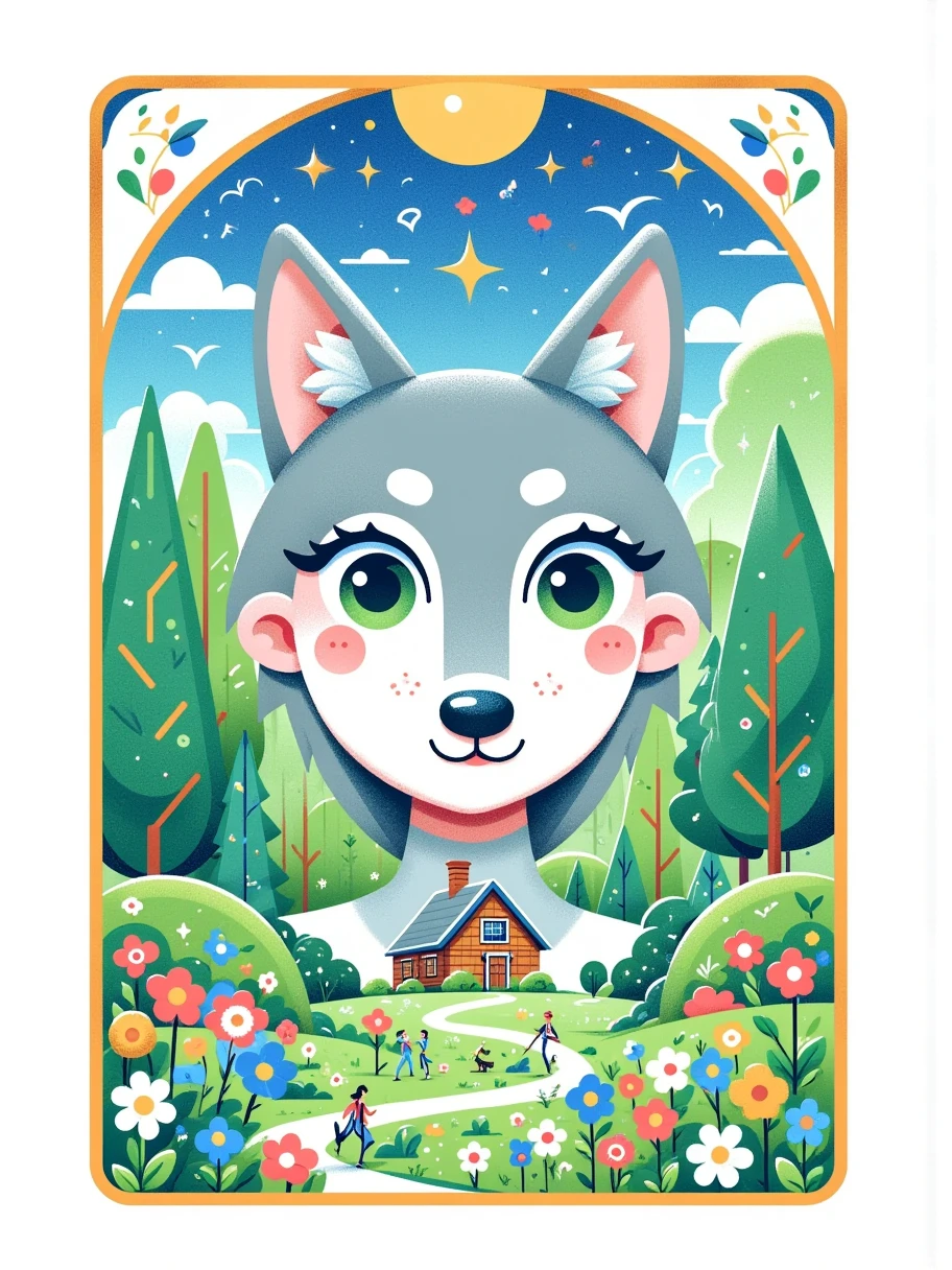  with a beautiful logo on the back of the tarot card in the center of a white background， with big female eyes ，The pupils are green，Reflects a dark forest ， with a gray wolf's head and a house ，Sky 和 галактика、One star，watercolor ，Sky， lots of white background and tarot frame 