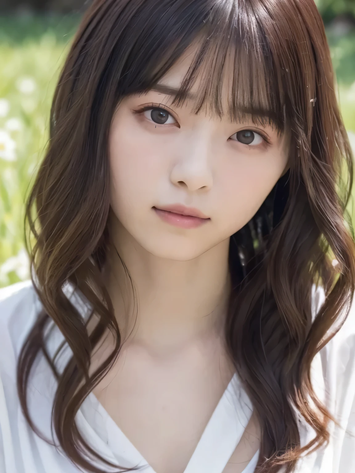 Masterpiece 、 top quality, super high resolution、8k, Photos 、 1 girl, ( Big Breasts :1.3), deep cleavage、 bright , blurry background, ( asymmetrical bang 、Super Long Wavy Hair :1.5), (A loose open-necked blouse)、Round face、Young Face、Natural Cosmetics 、 sad、grassland、Spring Sky、Gentle sunlight