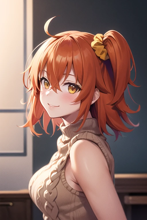 Fujimaru Ritsuka,short hair,orange hair,ahoge,((one side up)),hair between eyes,bangs,hair scrunchie,yellow scrunchie,yellow eyes,medium breasts,
((virgin killer sweater)),
1girl,(is smirk,blush:1.0),
((from side,looking at viewer,leaning forward,arms behind head:1.2)),
(living room background:1.0),clothed