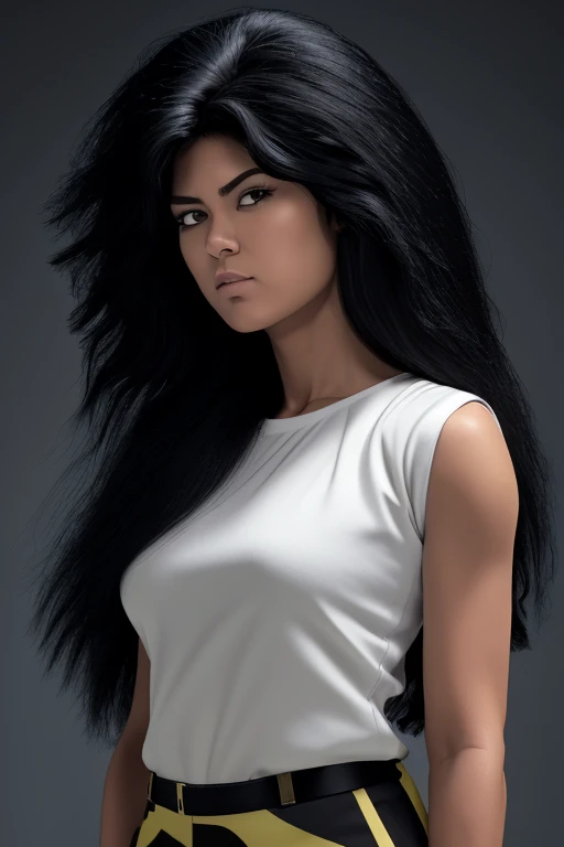 most very jet black hair,most very long hair,long wolf cut hairstyle,most very lion hair,most very wolf hair,most very frizzy hair,coarse hair,most very spread hairstyle,thick hair,fluffy hair,most very heavy weight hair,high ponytail hairstyle,heavy looking hairstyle,most very voluminous hair,shiny jet black hair,woman's hair is covering all right eye,female jail officer,black uniform,a heavy-looking uniform,black pants,tall woman,1 Japanese woman,woman's height 2.3m,most very strong face,most very angry face,black eyes,very close-up to face,most very muscle body,most very beautiful face,show more hair,high resolution,green background