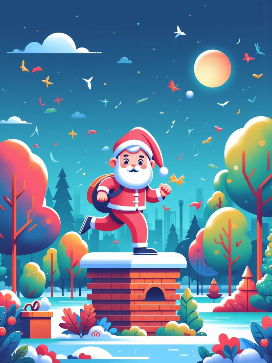  1 transparent glowing cute Santa backpack gift，In transparent glowing roof，Climb into the chimney with difficulty，colorful transparent luminous plastic ， Christmas ornaments ，Product Design，Glowing neon lights，christmas background，Hyper-Reality， Ultra HD， high detail ， Best Quality ，8k