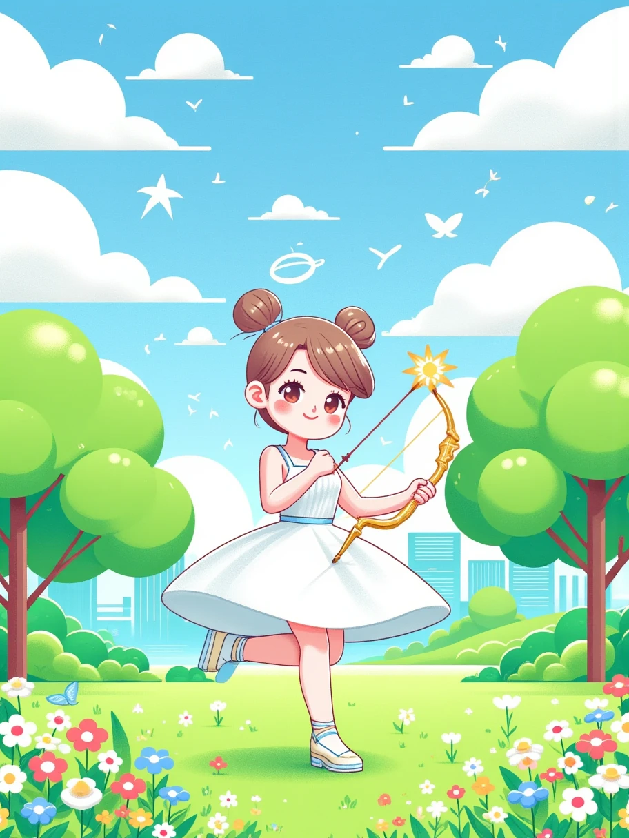 Beautiful morning in early summer，1 girl，Holding a magical bow of love in hand，The longbow made of gold ，Wearing a white magic dress，Wearing crystal high heels，gold stockings，Standing in the park，Park with blooming flowers，Tasty green grass， eyes looking at the audience，Halo，Floating dandelion， creates a rich visual hierarchy and realistic fantasy style，Extremely vivid colors