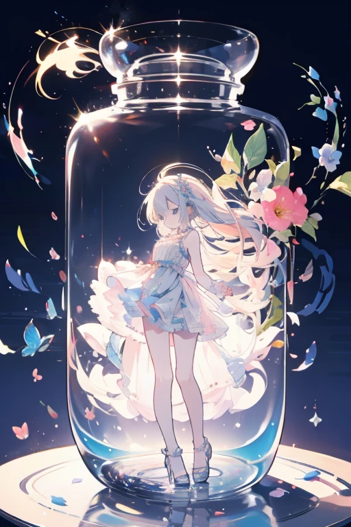 unicorn, 1girl,solo, (medium breasts:1.1), wariza, phgls, in container, bottle,submerged,white dress,white detached sleeves,white criss-cross halter, (white thighhighs:1.5), hair ribbon, garden,flower, day,sunlight,
