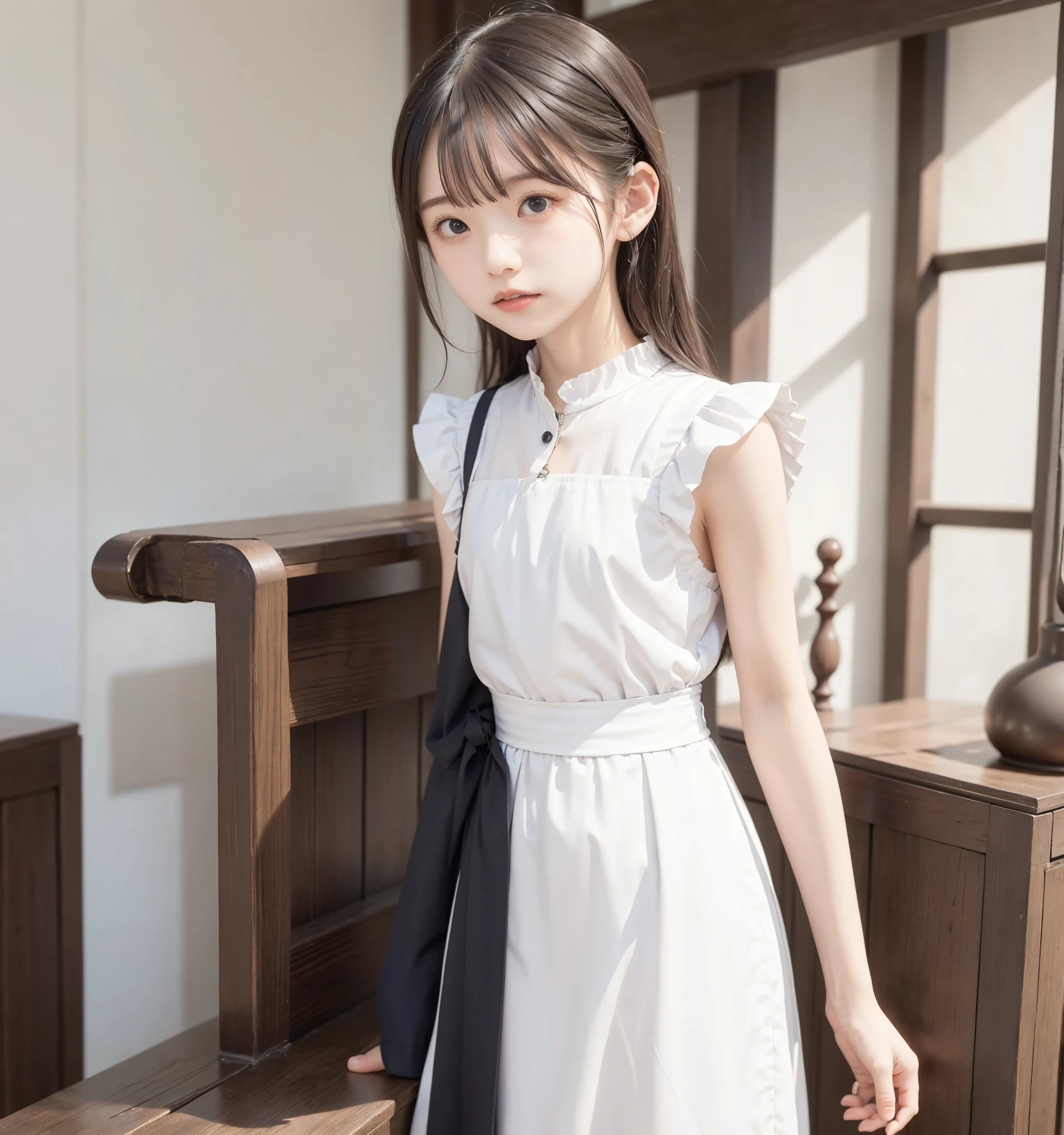 8K,masterpiece,Portrait Photography,Japanese,8-year-old girl,round face,Well-proportioned face,Innocent face,Calm Eyes,Big eyes,Fine grain,delicate,Slim body,Narrow shoulders,Small waist,Thin legs,Short stature,Extremely small breasts,Neat,summer,Cute outfit,The light makes the clothes transparent,White clothes,White and light grey stripes,Thin fabric clothing,Casual wear,Summer Dresses,Mermaid Dress,separate,Buttons on the front,Quite short in length,My belly is visible,Extremely short skirt,Lace hem,Lace on the chest,ribbon,Medium-long hair,Cinematic lighting,Natural smile,Natural pose,Reader model for children&#39;s fashion magazine,