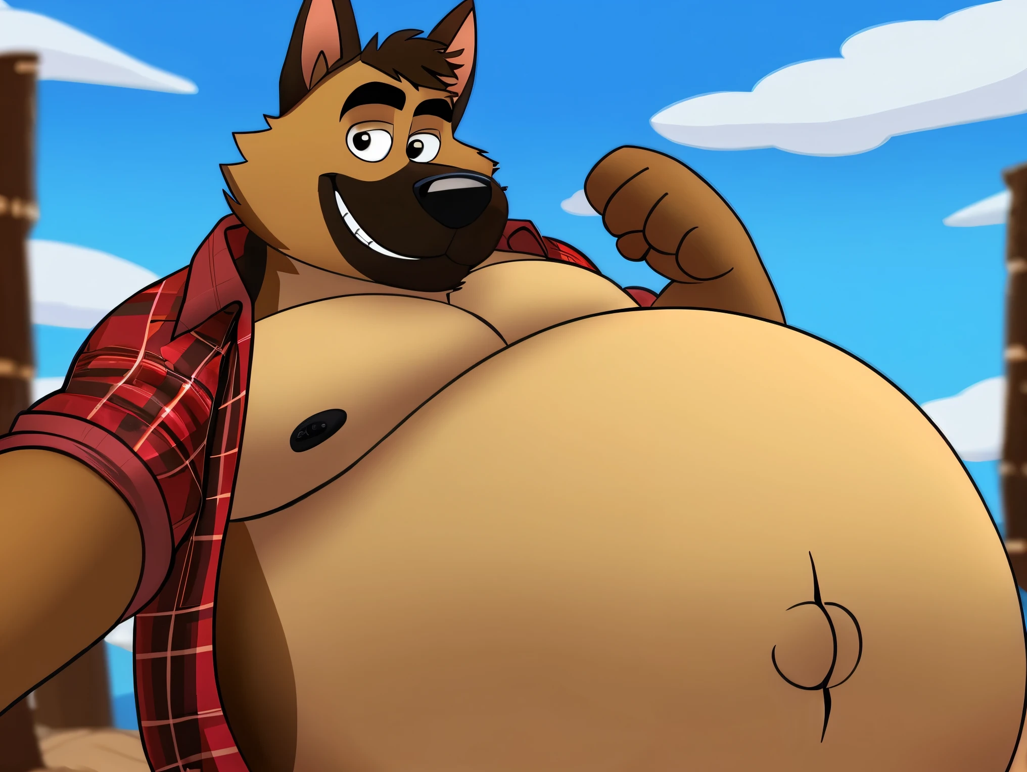 A digital art piece of a masculine german shepherd stoner anthropomorphic cartoon character smiling at the camera in 2D style, droopy eyes, lumberjack burly build, full body, Pixar quality,  big belly, belly button, 