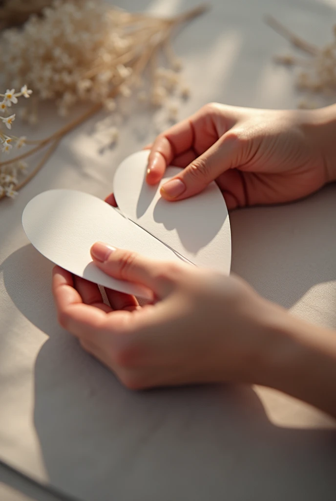 Two pairs of hands working together to repair the paper heart
