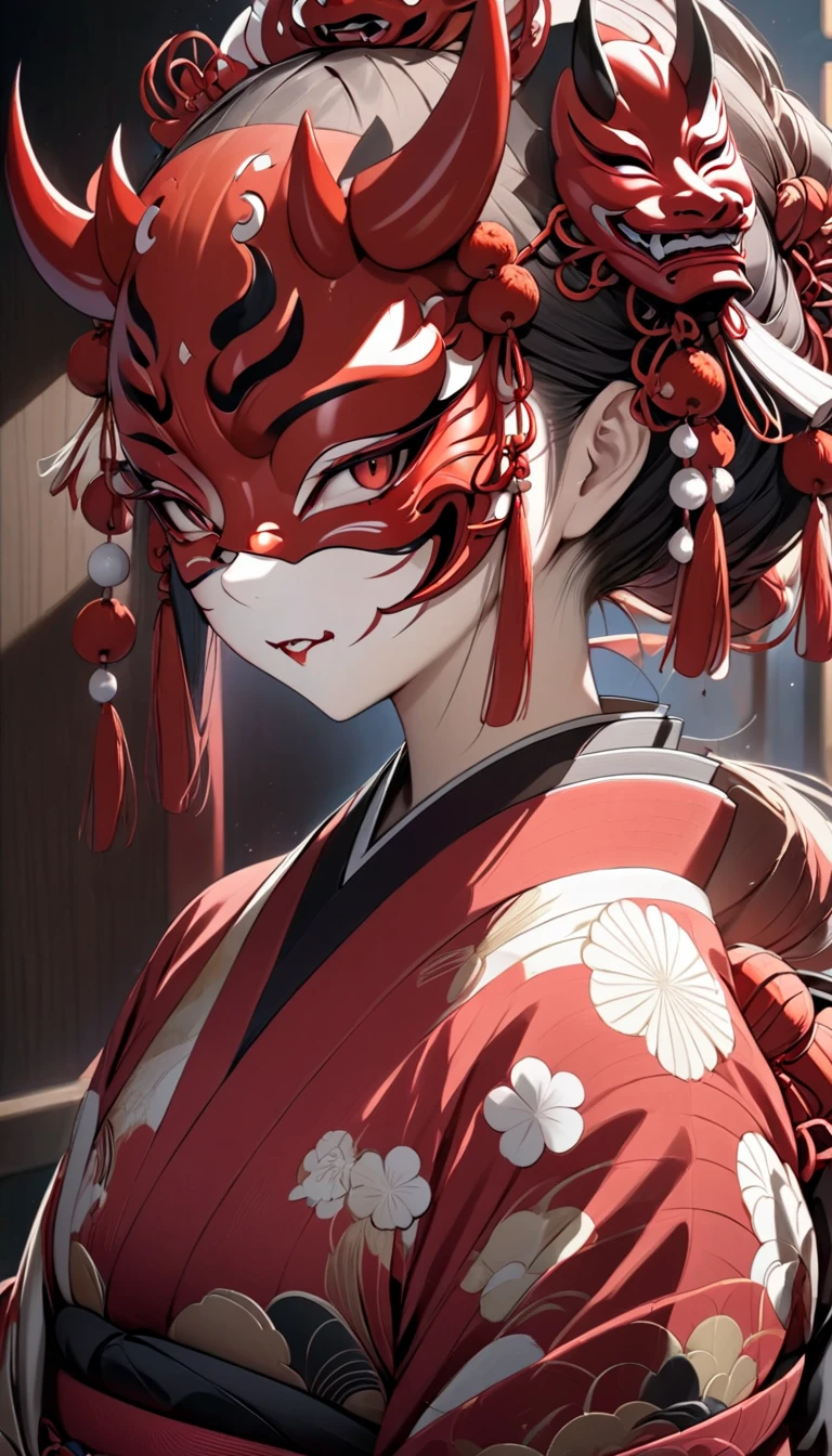 (masterpiece, best quality:1.2), 1girl, solo, Wearing a Japanese demon mask