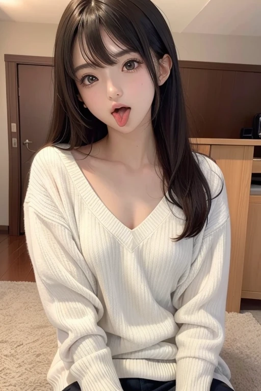 Photorealistic, masutepiece, Best Quality, Raw photo, selfee、1girl in, Solo, Long hair, Brown hair, Detailed face, alluring face, Sweater that kills virgins, medium breasts, Dynamic Pose, Looking at Viewer, From below, Detailed background, fine detailed, intricate detailes, Ray tracing, depth of fields, lowkey, nffsw