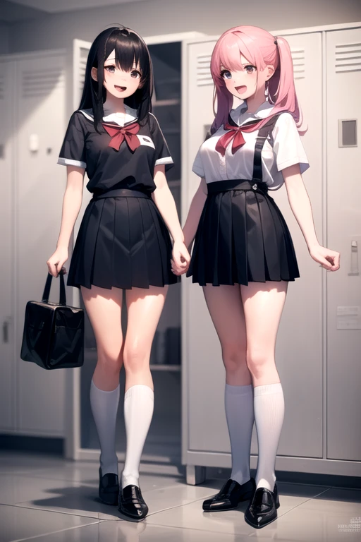 locker room,  multiple girls, School Uniform, , 
dressing, explain, :d,  2 girls,, masterpiece,  is the best quality,  Height Details 