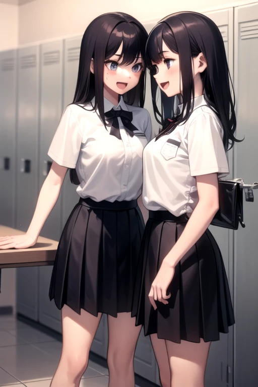 locker room,  multiple girls, School Uniform, , 
dressing, explain, :d,  2 girls,, masterpiece,  is the best quality,  Height Details 