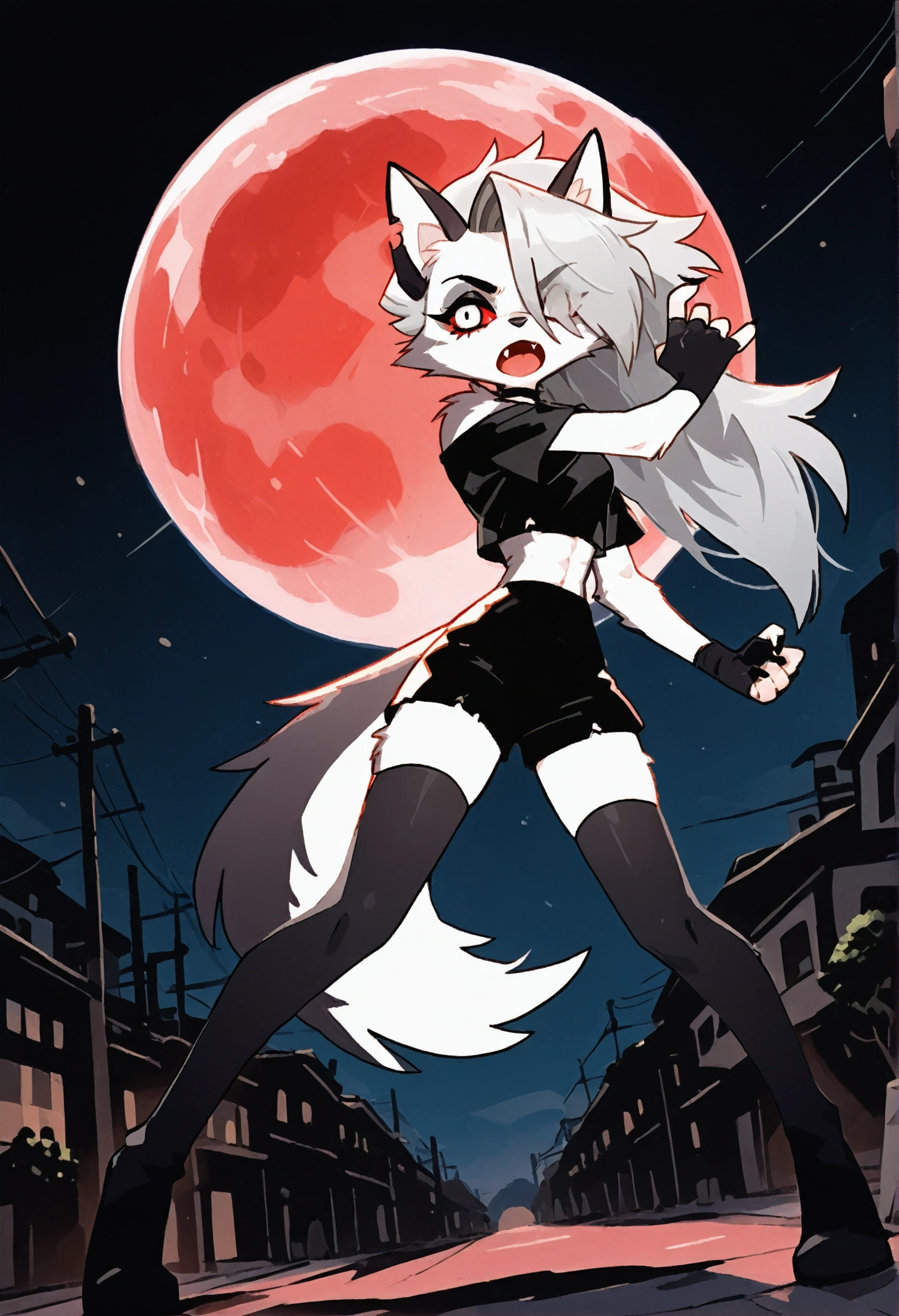 solo,1girl\((red sclera:1.3),(white eyes:1.3), Loona, Loona\(Helluva Boss\),hellhound, muzzle, Anthro, furry, thigh highs, fingerless gloves, Shorts, Crop top, (hair over one eye:1.3), (fang:1.4), sharp teeth,(tongue:1.3),(full body),(abs:0.8),long nails,detailed face,(detailed fur:1.3),shiny fur,shiny skin,,dynamic pose,(dynamic action pose:1.5)\).dynamic angle. score_9, score_8_up, score_7_up, score_6_up, score_5_up, score_4_up, source_anime,source_furry,rating_safe,rating_questionable,masterpiece, best quality, perfect anatomy , very aesthetic , absurdres .limited palette.red filter.gothic horror mood.full moon.(dynamic angle:1.3), Hong Kong action cinema style,(lineless:1.3)