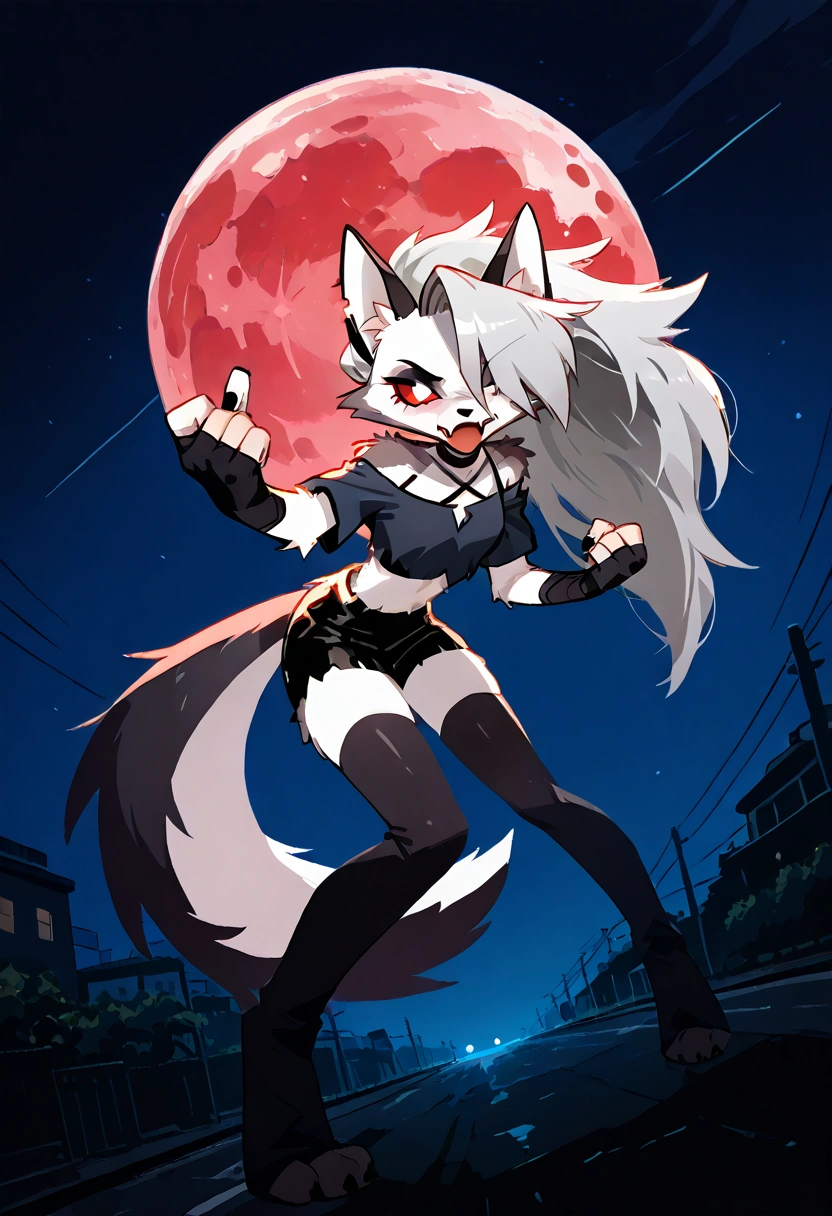 solo,1girl\((red sclera:1.3),(white eyes:1.3), Loona, Loona\(Helluva Boss\),hellhound, muzzle, Anthro, furry, thigh highs, fingerless gloves, Shorts, Crop top, (hair over one eye:1.3), (fang:1.4), sharp teeth,(tongue:1.3),(full body),(abs:0.8),long nails,detailed face,(detailed fur:1.3),shiny fur,shiny skin,,dynamic pose,(dynamic action pose:1.5)\).dynamic angle. score_9, score_8_up, score_7_up, score_6_up, score_5_up, score_4_up, source_anime,source_furry,rating_safe,rating_questionable,masterpiece, best quality, perfect anatomy , very aesthetic , absurdres .limited palette.red filter.gothic horror mood.full moon.(dynamic angle:1.3), Hong Kong action cinema style,(lineless:1.3)