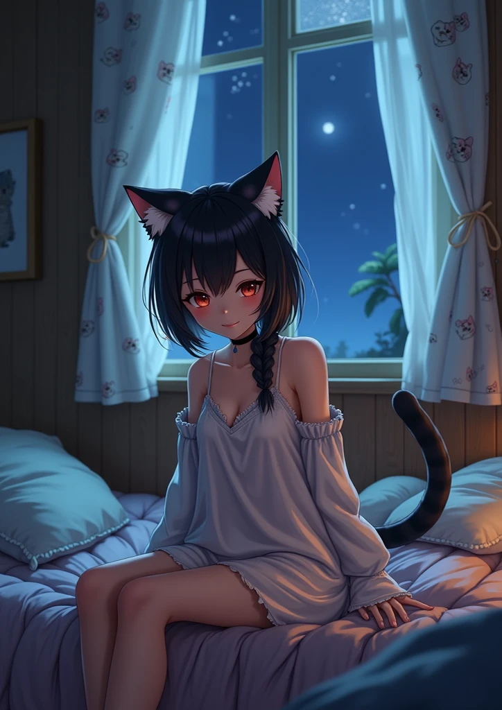 (masterpiece), best quality, expressive eyes, perfect face,1girl,final fantasy xiv,miqo'te,cat ears,cat tail,(heterochormia,yellow eye,blue eye:1.1),pajamas,open shirt,laced lingerie,big breasts,(multicolored hair,black hair,turquiose hair:1.3),long straight hair,[[meadow,night,full moon,starry sky]],cowboy shot,sexy pose,seductive smile,blush,luxury bedroom,lying on side