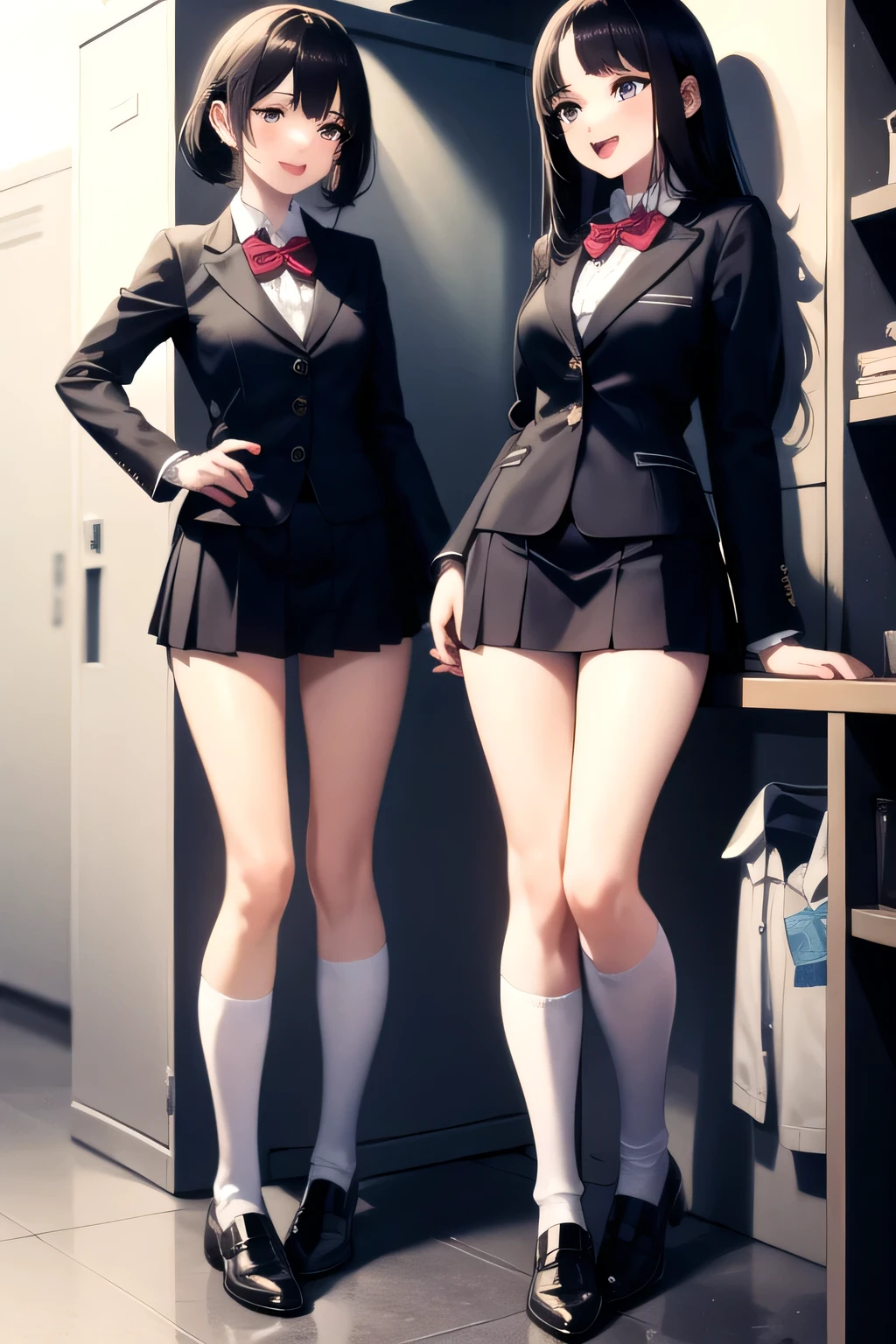 locker room,  multiple girls, School Uniform, , 
dressing, explain, :d,  2 girls,, masterpiece,  is the best quality,  Height Details 