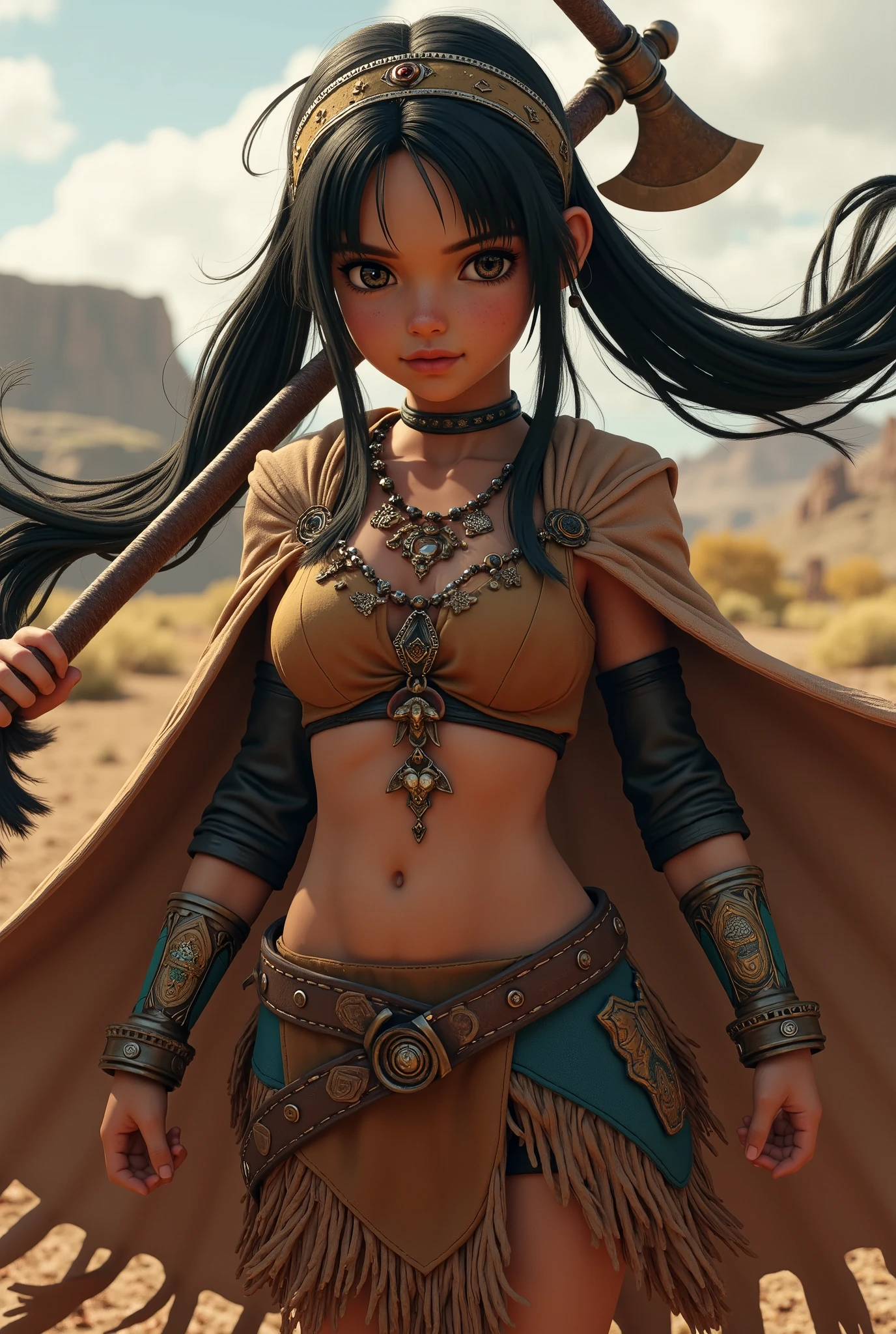 (masterpiece、最高quality、最高quality、 official art、beautifulとbeautiful:1.2)、( one girl:1.3) Hatsune Miku 、 twin tails, Beautiful breasts,   Native American Female Warrior\(cute,beautiful,18 years old,(Muscular:1.5),( holding a single tomahawk :1.3),Dark Skin,Black stray hair,Dark glowing eyes, big eyes,A strong-willed face,Leather dress\(fringe, Glass beads\),Indian Cape\(fringe, Glass beads\), War Bonnet\( Native American Feather Crown \),Shiny Dark Fresh Skin ,chest, Necklaces \(Lots of fangs),Indian Moccasins,Glass beadsのイヤリング,whole body\), break background\((outside),(wilderness),Western period\),dynamic action pose,  dynamic angle , break ,quality\(8k,極めて精緻なCGユニットのwallpaper, ​masterpiece, high definition ,top-quality,top-quality real texture skin, surrealistic,  that is about to fall off, RAW photo,最高のquality, high definition,wallpaper, Cinematic Lights , ray trace,Golden Ratio\)[nsfw:2.0], Watch viewers,Long Hit,  Wide Shot , showing a tomahawk under the wallpaper 