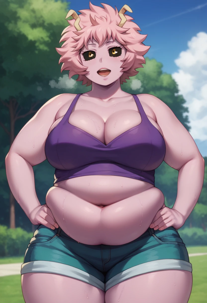 mina ashido, 1girl, solo, long hair, purple tanktop, blue jeans shorts, half body, pink hair, horns, open eyes, yellow eyes, pink skin, bbw, plump, large belly, large breasts, large thighs, wide hips, weight gain, out of breath, open mouth, sweaty, tired expression, sexy, hands on hips, looking at viewer