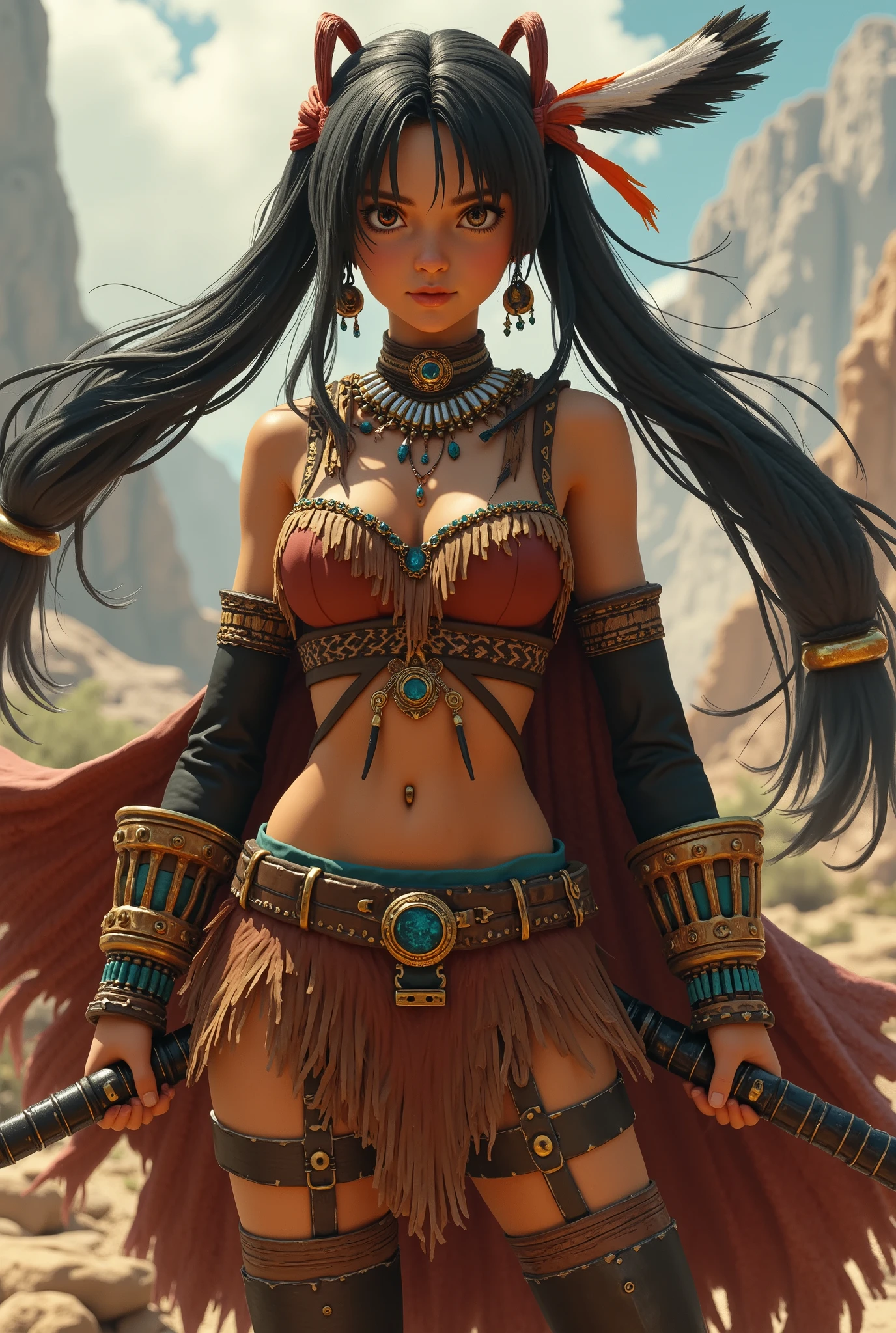mdjrny-v4 style portrait photograph of Selena Gomez as Pocahontas, young beautiful native american teen girl, perfect symmetrical face, indigenes feather jewelry, traditional handmade dress, armed female hunter warrior, (((wild west))) environment, Utah landscape, ultra realistic, concept art, elegant, ((intricate)), ((highly detailed)), depth of field, ((professionally color graded)), soft ambient lighting, dusk, 8k, art by artgerm and greg rutkowski and alphonse mucha