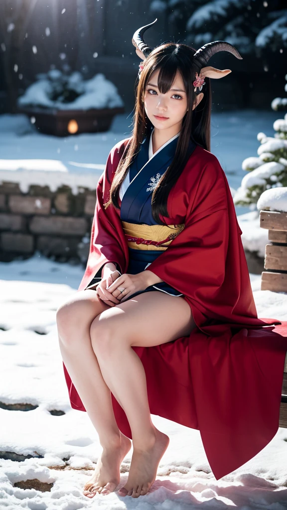 1 female，20yr old，（Showa beauty：1.8），sideface，（Leptoskeleton face，s delicate face），com rosto detalhado，（Delicate Japanese makeup）， Black colored eyes，（Look into the distance），Brunette in a double top bun，），Flaming red lips，Fair smooth skin，（Best Skin Type：1.21），（（Kimono with white），（Red inner collar+Red waist seal）），masterpiece1.3，（（Hasselblad photograp）），Close-up of avatar，Kneeling in the snow，Avatar photo，Snow map style，（heavy snowy）），8K， physically-based renderingt，profesional lighting，Surreal photography，exquisite detailing，详细的脸，The picture is pure，perfect hand，Perfect kneeling position，Ultra-fine makeup，Ultra-fine clothing material