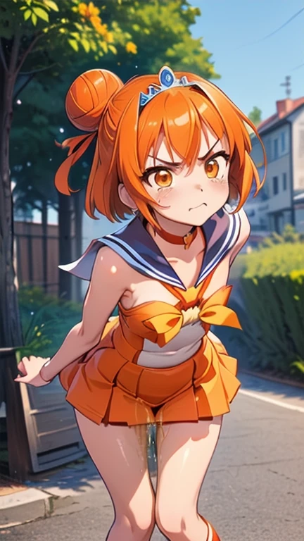 (masterpiece, best quality),  ( cute face、 flat chested:1.8),(:1.2),(anger、orange sailor suit、 Miniskirt、 lean forward 、Peeing、 outdoors:1.4), one girl,  sunny_a, orange eyes, orange hair, single bun hair,, feather hair ornament, tiara, orange choker,     boots,