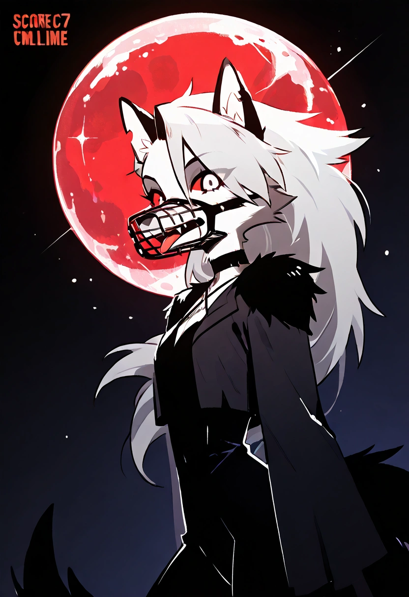 solo,1girl\((red sclera:1.3),(white eyes:1.3), Loona, Loona\(Helluva Boss\),hellhound, muzzle, Anthro, furry, (hair over one eye:1.3), (fang:1.4), sharp teeth,(tongue:1.3),FACE,(side view,facial profile)\).dynamic angle. score_9, score_8_up, score_7_up, score_6_up, score_5_up, score_4_up, source_anime,source_furry,rating_safe,rating_questionable,masterpiece, best quality, perfect anatomy , very aesthetic , absurdres .limited palette.red filter.gothic horror mood.full moon.(dynamic angle:1.3), Hong Kong action cinema style,(lineless:1.3)