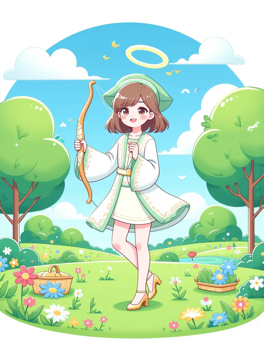 Beautiful morning in early summer，1 girl，Holding a magical bow of love in hand，The longbow made of gold ，Wearing a white magic dress，Wearing crystal high heels，gold stockings，Standing in the park，Park with blooming flowers，Tasty green grass， eyes looking at the audience，Halo，Floating dandelion， creates a rich visual hierarchy and realistic fantasy style，Extremely vivid colors