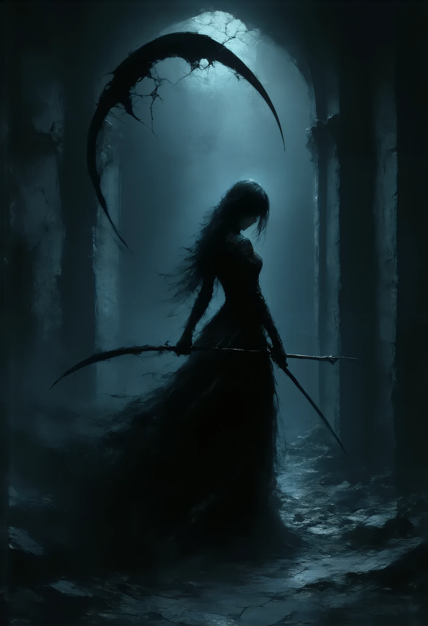 masterpiece, best quality, 8k, highres, ultra-detailed, HDR, UHD, ultra-fine painting, Gothic illustration style,, Chiaroscuro, dark gothic, Gothic Art style, Chiaroscuro,BREAK, 1girl, gothic dress, black lace, from front,upper body,flowing fabric, Precise modeling large scythe\(double-handed grip\), (scythe swinging), A depiction that conveys a sense of speed,Dynamic Motion Blur,intense energy,look st viewer, BREAK,abandoned hospital\(cracked walls, peeling paint, broken windows, torn curtains, rusted wheelchair, fallen IV stand, shattered medicine bottles, scattered medical files, dim flickering fluorescent lights, eerie silence, drifting mist, dusty floor, long shadows, moonlight through broken glass, bloodstains and handprints on walls,frost-covered surfaces, old hospital signs, stopped clock\),cold and ominous atmosphere.
