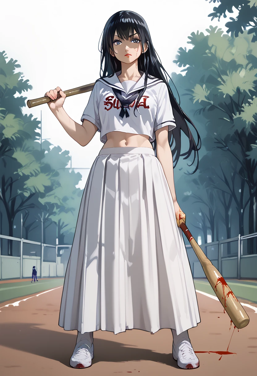 aoi_Kunieda, black hair,  long hair, Blue eyes, Sukeban
serafuku,wooden sword, long skirt, baseball bat, navel, blood