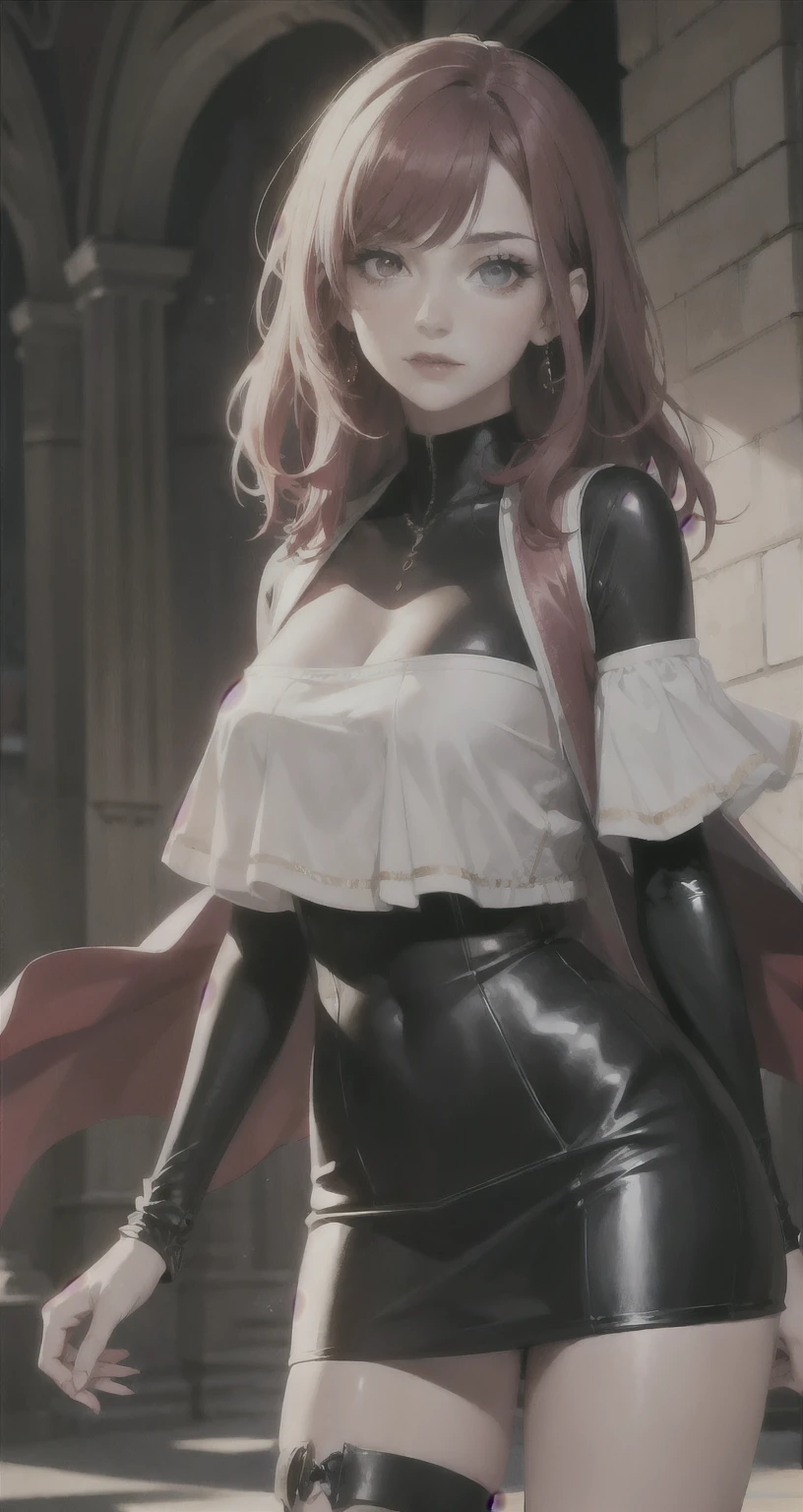 a woman,  looking at the spectator , a woman de corpo inteiro, ashamed, Lean body, beautiful breasts,  masterpiece ,  beautiful woman with long red hair, a woman com roupas curtas, wearing a short skirt,  short black skirt , neckline,  Medium breasts, vampires, Bright Eyes,  glowing eyes 