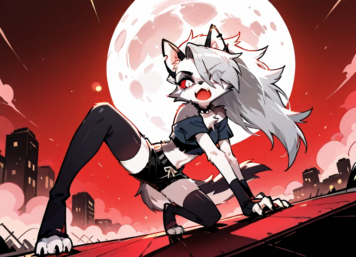 solo,1girl\((red sclera:1.3),(white eyes:1.3), Loona, Loona\(Helluva Boss\),hellhound, muzzle, Anthro, furry, thigh highs, fingerless gloves, Shorts, Crop top, (hair over one eye:1.3), (fang:1.4), sharp teeth,(tongue:1.3),(full body),(abs:0.8),long nails,detailed face,(detailed fur:1.3),shiny fur,shiny skin,dynamic pose,(dynamic action pose:1.5),in the air\).dynamic angle. score_9, score_8_up, score_7_up, score_6_up, score_5_up, score_4_up, source_anime,source_furry,rating_safe,rating_questionable,masterpiece, best quality, perfect anatomy , very aesthetic , absurdres .limited palette.red filter.gothic horror mood.full moon.(dynamic angle:1.3), Hong Kong action cinema style,great focus,great bokeh,motion blur